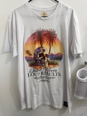 Hasta Muerte White Graphic Tee with Sunset Skull and Palm Trees - Silent Moves
